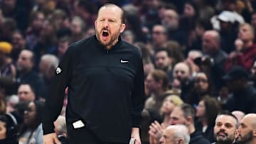 Feb 21, 2025; Cleveland, Ohio, USA;  New York Knicks head coach Tom Thibodeau reacts during the first half against the Cleveland Cavaliers at Rocket Arena. Mandatory Credit: Ken Blaze-Imagn Images