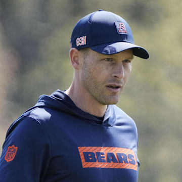 Chicago Bears head coach Ben Johnson walks the field during rookie minicamp.