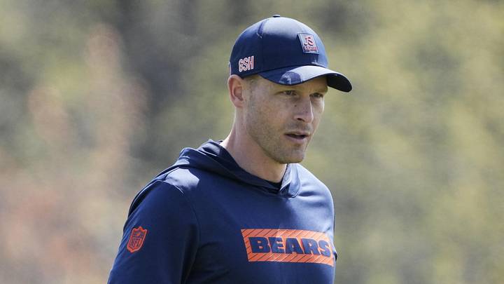 May 10, 2025; Lake Forest, IL, USA; Chicago Bears head coach Ben Johnson walks the field during rookie minicamp at Halas Hall. Mandatory Credit: David Banks-Imagn Images