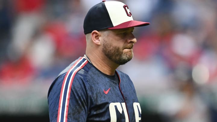 Jul 22, 2024; Cleveland, Ohio, USA; Cleveland Guardians manager Stephen Vogt (12) walks back to the dugout after relieving relief pitcher Pedro Avila (not pictured) during the seventh inning against the Detroit Tigers at Progressive Field. Mandatory Credit: Ken Blaze-USA TODAY Sports