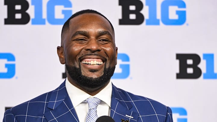 Jul 25, 2024; Indianapolis, IN, USA; Michigan Wolverines head coach Sherrone Moore speaks to the media during the Big 10 football media day at Lucas Oil Stadium. Mandatory Credit: Robert Goddin-Imagn Images