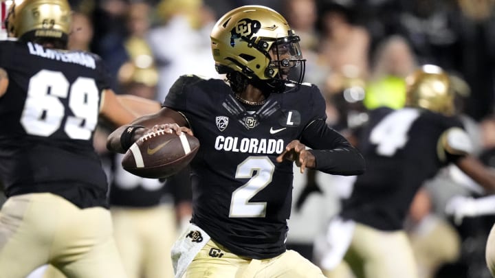 Oct 13, 2023; Boulder, Colorado, USA; Colorado Buffaloes quarterback Shedeur Sanders (2) prepares to pass in the first half against the Stanford Cardinal at Folsom Field.