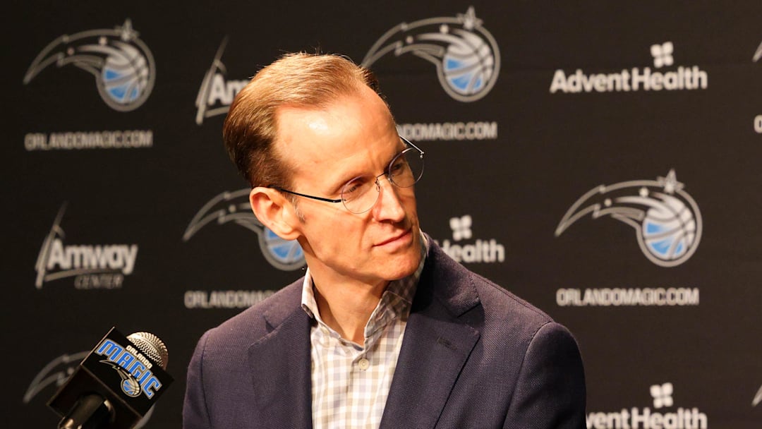 Jun 24, 2022; Orlando, Florida, USA; Orlando Magic president of basketball operations Jeff Weltman (left) and second round draft pick Caleb Houstan (right) during a press conference at the Amway Center. Mandatory Credit: Nathan Ray Seebeck-Imagn Images