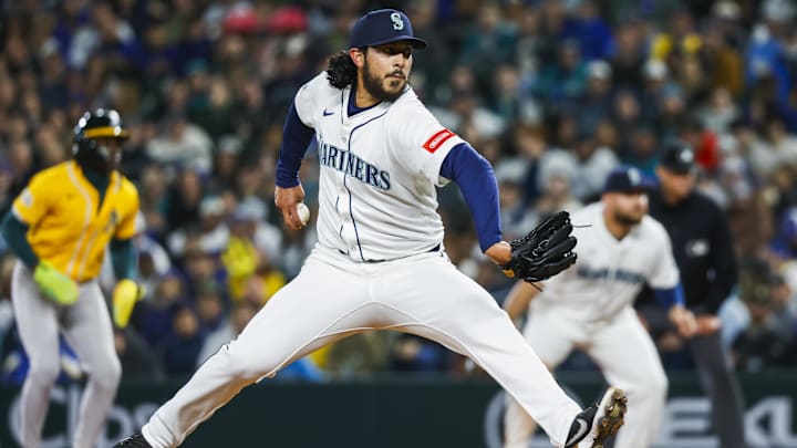 Seattle Mariners closer Andres Muñoz throws during a game against the Athletics on March 27 at T-Mobile Park.