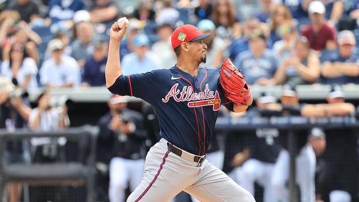 Feb 26, 2026; Tampa, Florida, USA; Atlanta Braves starting pitcher Carlos Carrasco (59) throws a pitch during the first inning against the New York Yankees at George M. Steinbrenner Field. Mandatory Credit: Kim Klement Neitzel-Imagn Images