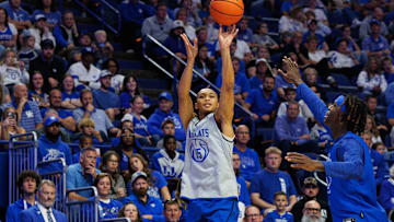 Oct 11, 2025; Lexington, KY, USA; Kentucky Wildcats guard Jaland Lowe (15) shoots the ball during Big Blue Madness at Rupp Arena at Central Bank Center. Mandatory Credit: Jordan Prather-Imagn Images