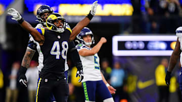 Nov 16, 2025; Inglewood, California, USA; Los Angeles Rams linebacker Omar Speights (48) reacts after Seattle Seahawks place kicker Jason Myers (5) missed a field goal with one second left in the second half at SoFi Stadium.