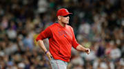 Sep 19, 2025; Denver, Colorado, USA; Los Angeles Angels interim manager Ray Montgomery (81) walks to the dugout after making a pitching change in the fifth inning against the Colorado Rockies at Coors Field. Mandatory Credit: Isaiah J. Downing-Imagn Images