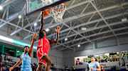 Columbus Explorers guard Jaxon Richardson (5) goes up for a lay up during the first quarter of the City of Palms Classic semifinal game against the IMG Academy Ascenders at Suncoast Credit Union Arena in Fort Myers, Fla., on Saturday, Dec. 21, 2024.