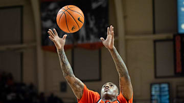 Oregon State guard Damarco Minor drags in a rebound as the Oregon State Beavers host the Oregon Ducks Thursday, Nov. 21, 2024 at Gill Coliseum in Corvallis, Ore.
