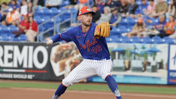 Mar 10, 2025; Port St. Lucie, Florida, USA;  New York Mets pitcher Griffin Canning (46) throws a pitch first inning against the St. Louis Cardinals at Clover Park. Mandatory Credit: Reinhold Matay-Imagn Images