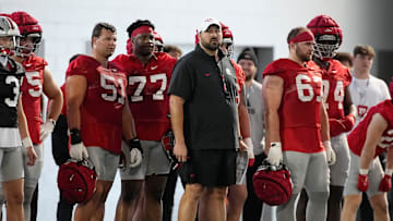 Ohio State Buckeyes offensive line coach Tyler Bowen watches during spring football practice at the Woody Hayes Athletic Center on March 17, 2025.