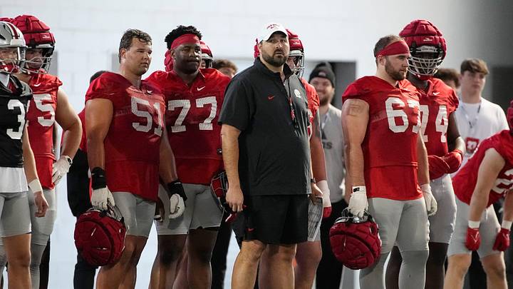 Ohio State Buckeyes offensive line coach Tyler Bowen watches during spring football practice at the Woody Hayes Athletic Center on March 17, 2025.