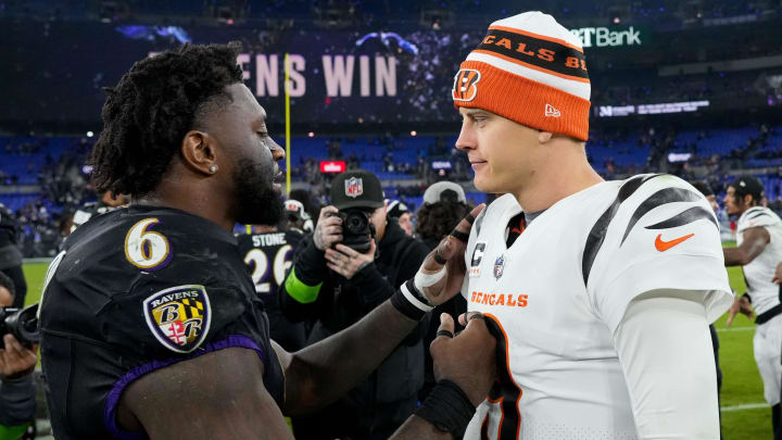 Baltimore Ravens linebacker Patrick Queen (6) and Cincinnati Bengals quarterback Joe Burrow (9) meet at midfield after the fourth quarter of the NFL Week 11 game between the Baltimore Ravens and the Cincinnati Bengals at M&T Bank Stadium in Baltimore on Thursday, Nov. 16, 2023. The Bengals fell to the Ravens, 34-20.