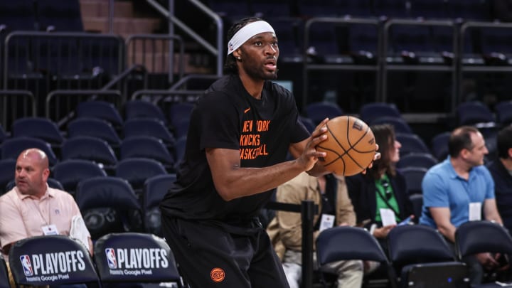 May 8, 2024; New York, New York, USA; New York Knicks forward Precious Achiuwa (5) warms up prior to game two of the second round for the 2024 NBA playoffs against the Indiana Pacers at Madison Square Garden. Mandatory Credit: Wendell Cruz-USA TODAY Sports