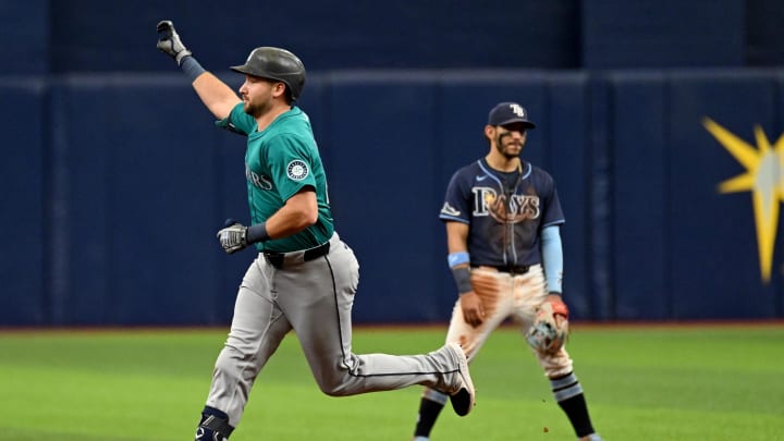 Seattle Mariners designated hitter Cal Raleigh (29) celebrates after hitting a three run home run against the Tampa Bay Rays in the sixth inning at Tropicana Field on June 26.