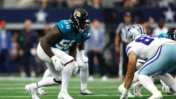 Aug 12, 2023; Arlington, Texas, USA;  Jacksonville Jaguars linebacker Yasir Abdullah (56) on the line of scrimmage against the Dallas Cowboys at AT&T Stadium. Mandatory Credit: Tim Heitman-USA TODAY Sports