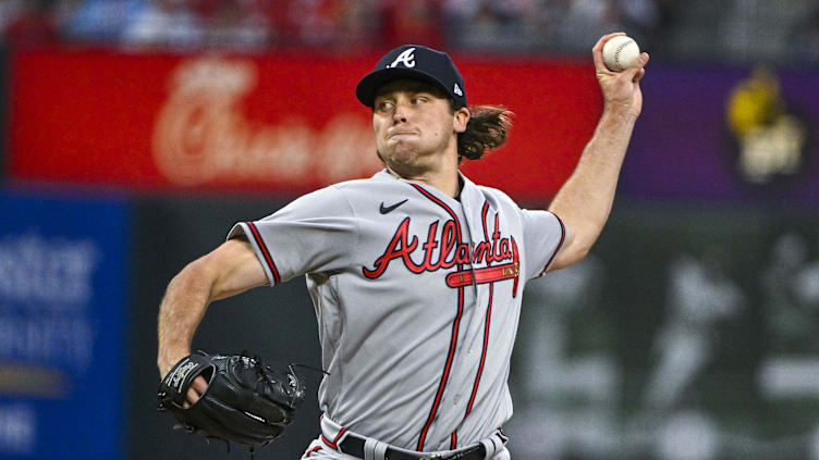 Apr 4, 2023; St. Louis, Missouri, USA;  Atlanta Braves starting pitcher Dylan Dodd (46) pitches in