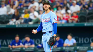 May 19, 2024; Arlington, Texas, USA; Texas Rangers pitcher Michael Lorenzen (23) reacts during the first inning against the Los Angeles Angels at Globe Life Field. Mandatory Credit: Kevin Jairaj-USA TODAY Sports