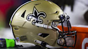 Oct 20, 2022; Glendale, Arizona, USA; Detailed view of a New Orleans Saints helmet at State Farm Stadium. Mandatory Credit: Mark J. Rebilas-Imagn Images