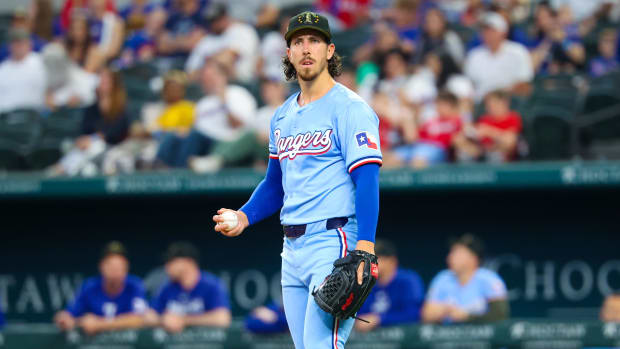 May 19, 2024; Arlington, Texas, USA; Texas Rangers pitcher Michael Lorenzen (23) reacts during the first inning against the Los Angeles Angels at Globe Life Field. Mandatory Credit: Kevin Jairaj-USA TODAY Sports