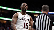Texas A&M Aggies forward Henry Coleman III (15) reacts during their second round game of the SEC Men's Basketball Tournament at Bridgestone Arena in Nashville, Tenn., Thursday, March 13, 2025.