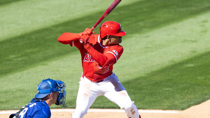 Feb 21, 2026; Tempe, Arizona, USA; Los Angeles Angels infielder Christian Moore against the Los Angeles Dodgers during a spring training game at Tempe Diablo Stadium. Mandatory Credit: Mark J. Rebilas-Imagn Images