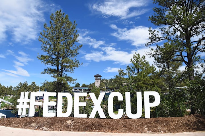 View of the FedEx Cup sign between the ninth and 18th holes during the second round of the BMW Championship