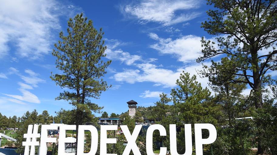 View of the FedEx Cup sign between the ninth and 18th holes during the second round of the BMW Championship