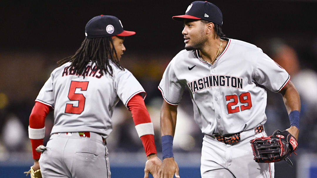 Jun 23, 2025; San Diego, California, USA; Washington Nationals left fielder James Wood (29) and CJ Abrams (5) celebrate after the Nationals beat the San Diego Padres 10-6 at Petco Park Jun 23, 2025; San Diego, California, USA; Washington Nationals left fielder James Wood (29) and CJ Abrams (5) celebrate after the Nationals beat the San Diego Padres 10-6 at Petco Park
