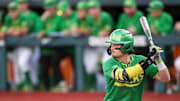 Oregon outfielder Mason Neville (26) prepares to bat during the game against Oregon State on Tuesday, April 29, 2025 at Goss Stadium in Corvallis, Ore.