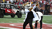 Aug 30, 2025; Pullman, Washington, USA; Washington State Cougars mascot, Butch, performs before a game against the Idaho Vandals at Gesa Field at Martin Stadium. Mandatory Credit: James Snook-Imagn Images