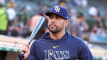 Aug 21, 2024; Oakland, California, USA; Tampa Bay Rays right fielder Dylan Carlson (10) before the game against the Oakland Athletics at Oakland-Alameda County Coliseum. Mandatory Credit: Darren Yamashita-Imagn Images