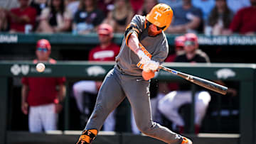 Tennessee's Dalton Bargo (16) swings at a pitch during game one of the NCAA baseball tournament Fayetteville Super Regional between Tennessee and Arkansas held at Baum-Walker Stadium on Saturday, June 7, 2025.