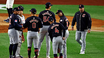 Oct 14, 2024; Bronx, New York, USA; Cleveland Guardians manger Stephen Vogt walks to the mound to to relieve pitcher Joey Cantillo (54) during the fourth inning against the New York Yankees in game one of the ALCS for the 2024 MLB Playoffs at Yankee Stadium. Mandatory Credit: Vincent Carchietta-Imagn Images