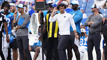Aug 24, 2024; Orchard Park, New York, USA; Carolina Panthers head coach Dave Canales on the sidelines during the second half against the Buffalo Bills at Highmark Stadium. Mandatory Credit: Gregory Fisher-Imagn Images