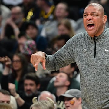 Apr 27, 2025; Milwaukee, Wisconsin, USA; Milwaukee Bucks head coach Doc Rivers reacts in the third quarter against the Indiana Pacers during game four of first round for the 2024 NBA Playoffs at Fiserv Forum. Mandatory Credit: Benny Sieu-Imagn Images