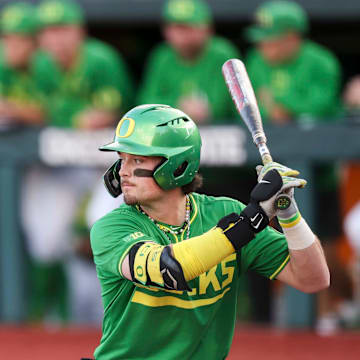 Oregon outfielder Mason Neville (26) prepares to bat during the game against Oregon State on Tuesday, April 29, 2025 at Goss Stadium in Corvallis, Ore.