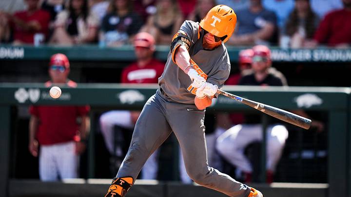 Tennessee's Dalton Bargo (16) swings at a pitch during game one of the NCAA baseball tournament Fayetteville Super Regional between Tennessee and Arkansas held at Baum-Walker Stadium on Saturday, June 7, 2025.