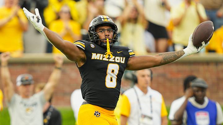 Oct 11, 2025; Columbia, Missouri, USA; Missouri Tigers defensive end Damon Wilson II (8) celebrates after recovering a fumble during the second half against the Alabama Crimson Tide at Faurot Field at Memorial Stadium. Mandatory Credit: Jay Biggerstaff-Imagn Images
