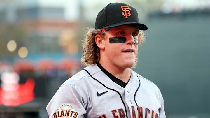 Apr 11, 2026; Baltimore, Maryland, USA; San Francisco Giants left fielder Harrison Bader (9) looks on before a game against the Baltimore Orioles at Oriole Park at Camden Yards. Mandatory Credit: Daniel Kucin Jr.-Imagn Images