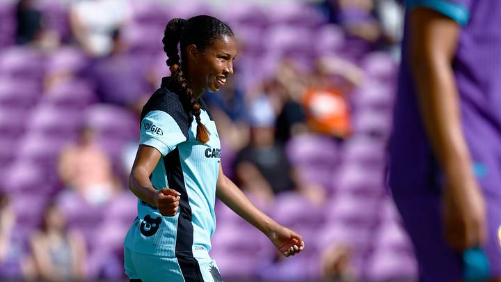 Oct 25, 2026; Orlando, Florida, USA;  NJ/NY Gotham FC forward Midge Purce (23) celebrates a first half goal against the Orlando Pride at Inter&Co Stadium.  Mandatory Credit: Russell Lansford-Imagn Images