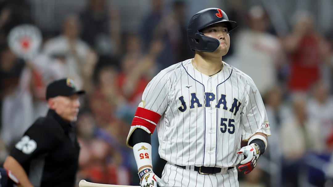 Mar 21, 2023; Miami, Florida, USA; Japan third baseman Munetaka Murakami (55) looks on after hitting a home run during the second inning against USA at LoanDepot Park. Mandatory Credit: Sam Navarro-Imagn Images
