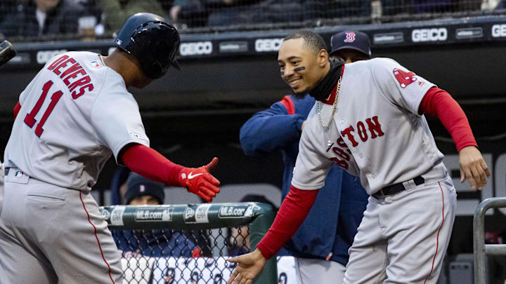 May 3, 2019; Chicago, IL, USA; Boston Red Sox third baseman Rafael Devers (11) celebrates his three run home run with right fielder Mookie Betts (50) during the first inning against the Chicago White Sox at Guaranteed Rate Field. Mandatory Credit: Patrick Gorski-Imagn Images May 3, 2019; Chicago, IL, USA; Boston Red Sox third baseman Rafael Devers (11) celebrates his three run home run with right fielder Mookie Betts (50) during the first inning against the Chicago White Sox at Guaranteed Rate Field. Mandatory Credit: Patrick Gorski-Imagn Images