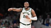 Apr 7, 2024; Boston, Massachusetts, USA; Boston Celtics forward Xavier Tillman Sr. (26) reacts to game action against the Portland Trail Blazers during the second half at TD Garden. Mandatory Credit: Eric Canha-USA TODAY Sports