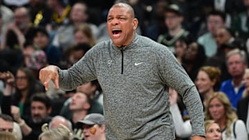 Apr 27, 2025; Milwaukee, Wisconsin, USA; Milwaukee Bucks head coach Doc Rivers reacts in the third quarter against the Indiana Pacers during game four of first round for the 2024 NBA Playoffs at Fiserv Forum. Mandatory Credit: Benny Sieu-Imagn Images