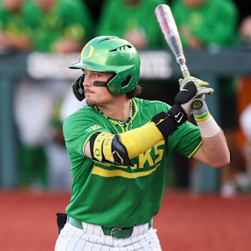 Oregon outfielder Mason Neville (26) prepares to bat during the game against Oregon State on Tuesday, April 29, 2025 at Goss Stadium in Corvallis, Ore.