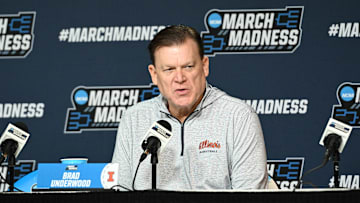 Mar 20, 2024; Omaha, NE, USA;  Illinois Fighting Illini head coach Brad Underwood talks to the media