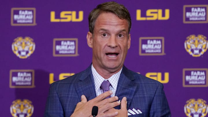 Dec 1, 2025; Baton Rouge, LA, USA; LSU new head coach Lane Kiffin speaks at South Stadium Club at Tiger Stadium. Mandatory Credit: Matthew Hinton-Imagn Images
