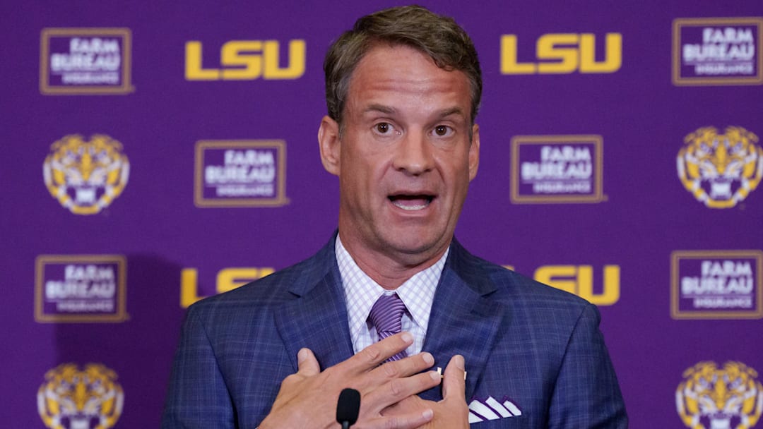 Dec 1, 2025; Baton Rouge, LA, USA; LSU new head coach Lane Kiffin speaks at South Stadium Club at Tiger Stadium. Mandatory Credit: Matthew Hinton-Imagn Images